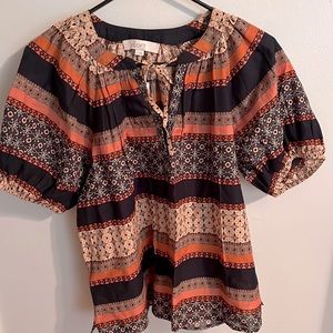 LOFT Boho Striped Puff Sleeve Top Women’s Size Small Tie Neck Orange Navy Pink